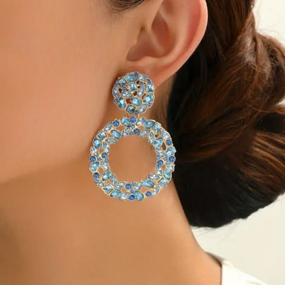 Blue Rhinestone Hoop Drop Earrings Statement Crystal Gold Tone Dangle Glam - Picture 3 of 5